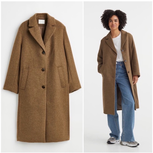 H&M Jackets & Blazers - H&M Oversized Single Breasted Coat Wool Blend in Dark Beige Melange - S